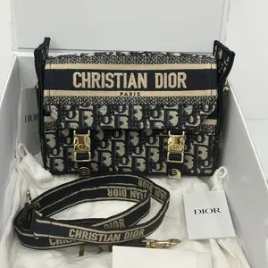 Pre-owned Coated Canvas Tote Bags Dior Small DiorCamp Bag in Blue Dior Oblique Embroidery with Logo Strap