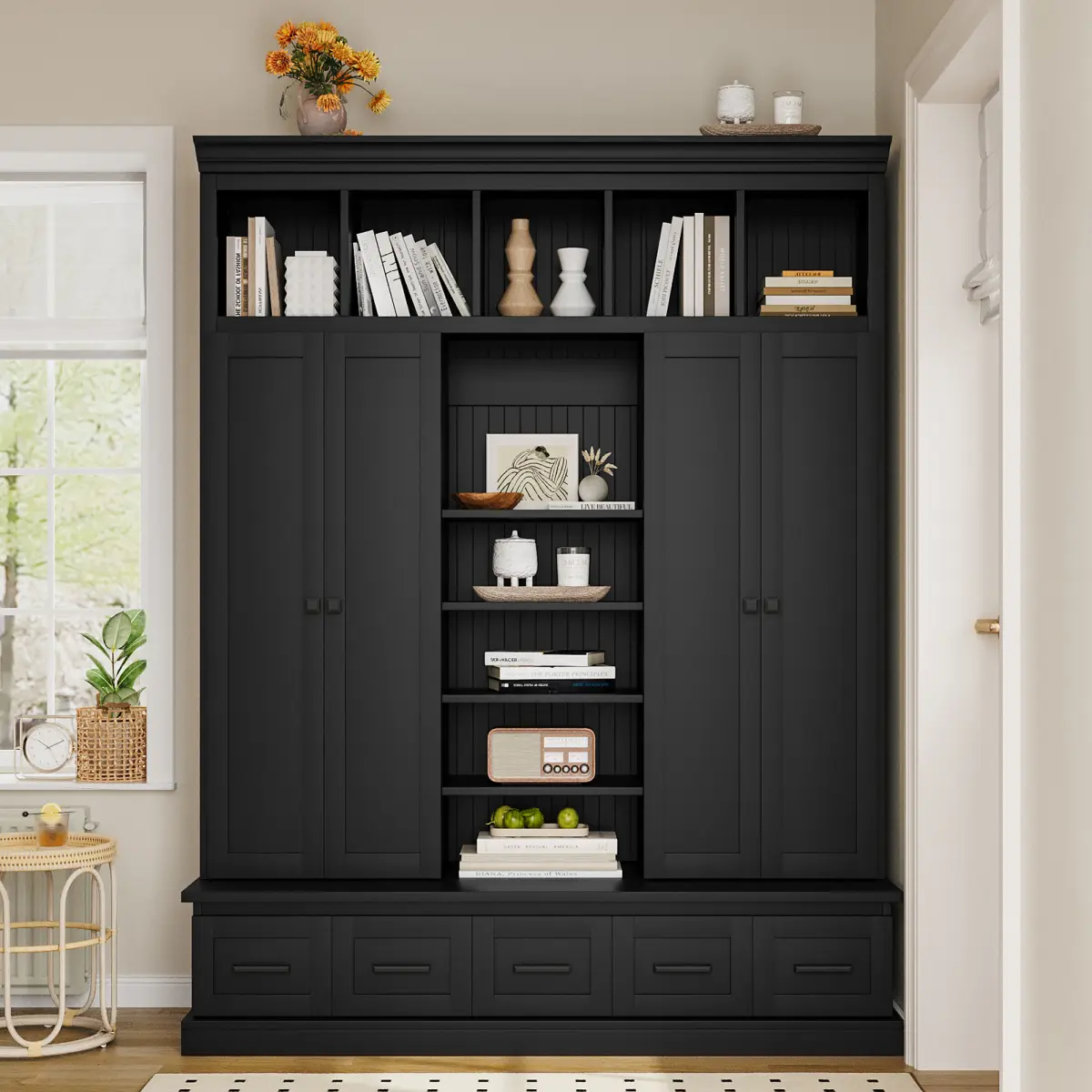 VIBE HAUS 78.7''H Hall Tree with Bench and 5 Storage Cubbies, Modern Entryway Storage Organizer Cabinet with 4 Doors, 5 Drawers and Adjustable Shelves for Hallway, Entryway, Living Room   WL RR