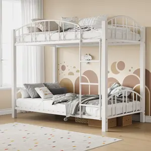 Garvee Heavy Duty Metal Twin Over Twin Bunk Bed with Stairs, Arched Guardrail, Safety Ladder, Sturdy Frame, Noise-Free Design, No Box Spring Needed, White Finish, Space-Saving Solution