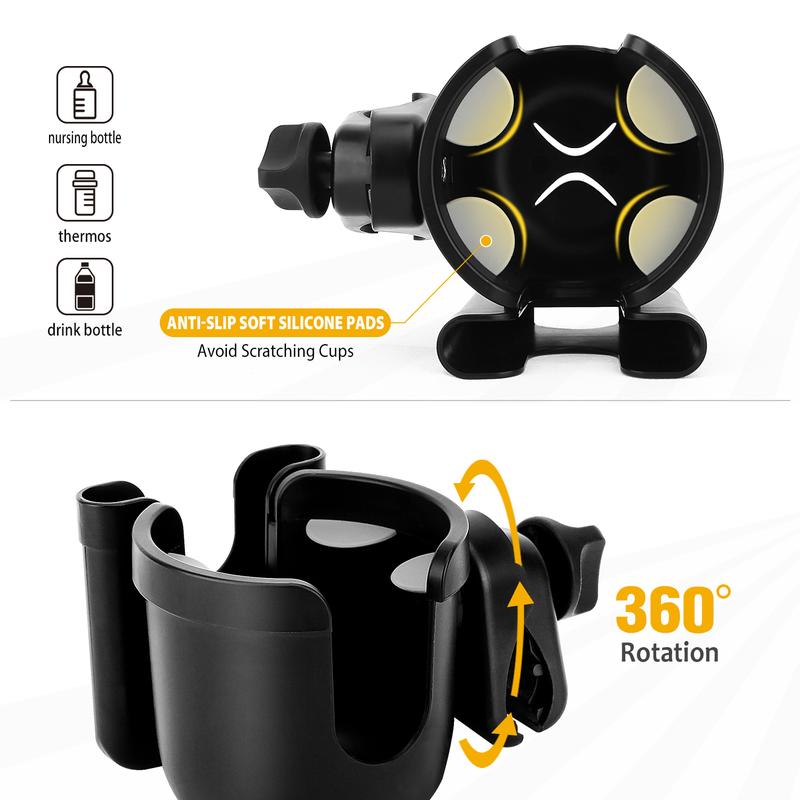 Universal Stroller Cup Holder with Mobile Phone Case, 2-in-1 Strollers Storage Rack, 360 Degrees Rotation Drink Holder for Bike, Pushchair, Wheelchair, Walker,Bicycle, Fits Most Cups