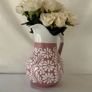 Handmade Talavera Pink Jarra with White Rim - Decorative Vase for Flowers, Ideal for Home Deco
