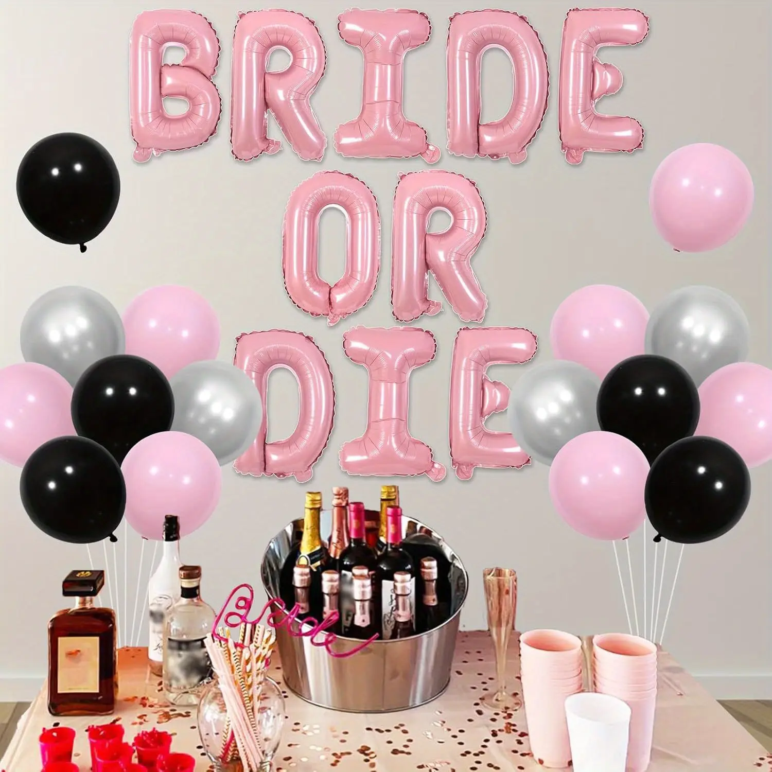 1Set Bride or Die Bachelorette Party Decorations Pink Bride or Die Balloon Banner Gothic Bridal Shower Decor Champagne and I Do Diamond Ring Foil Balloon for Birthday Goth Engagement Wedding