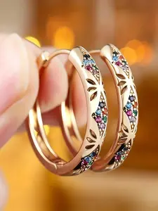 Gold Plated Rainbow Cubic Zirconia Earrings, Bohemian Leaf Hollow Out, Eco-Friendly Copper, Elegant and Fashionable, Perfect for Daily Wear,Fashion Statement Jewelry Gift for Her