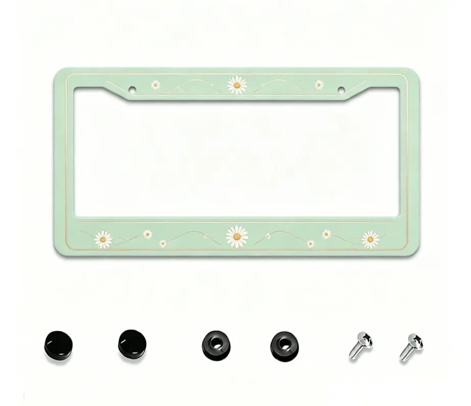 Light Green Daisy Print Decorative License Plate Frame, 12x6inch Aluminum License Plate Frame, Fresh Pastoral Daisy Style License Plate Protective Frame, Compatible With Standard License Plates