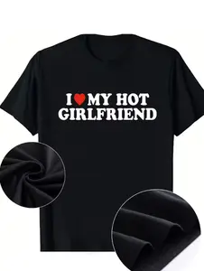 I Love My Hot Girlfriend Red Heart Bold Letter Men's Black Short Sleeve T-Shirt.Boyfriend Valentine Gift T-Shirt, Retro Bold Font I Heart My Hot Girlfriend Matching Couple Casual Top.