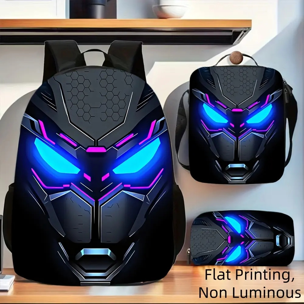 Neon Panther Superhero Mask 3PCS Backpack Set, Durable 600D Oxford Cloth School Bag  Adjustable Breathable Strap for Kids Teens School Travel Outdoor