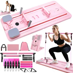 homimanor Pilates Board Set for Home Workout, Portable Pilates Reformer Machine Multifunctional Abdominal Board with Pilates Bar and Resistance Bands Kit for Core & Full Body Training