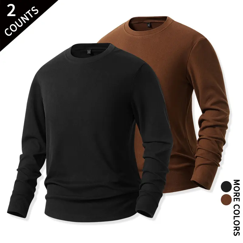 Men 2‑Pack Fleece Thermal Long Sleeve Shirts Winter Crew Neck Soft Warm Inner Layering Tops For Daily Casual Outdoor Wear