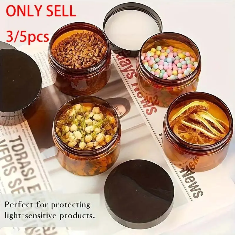 3/5pcs Refillable Amber Cream Jars with Lids - 6.76oz Round Brown Cosmetic Containers for Beauty Products, Creams, Lotion, Essential Oils, Powders, and Ointments - Versatile Canister Storage Container