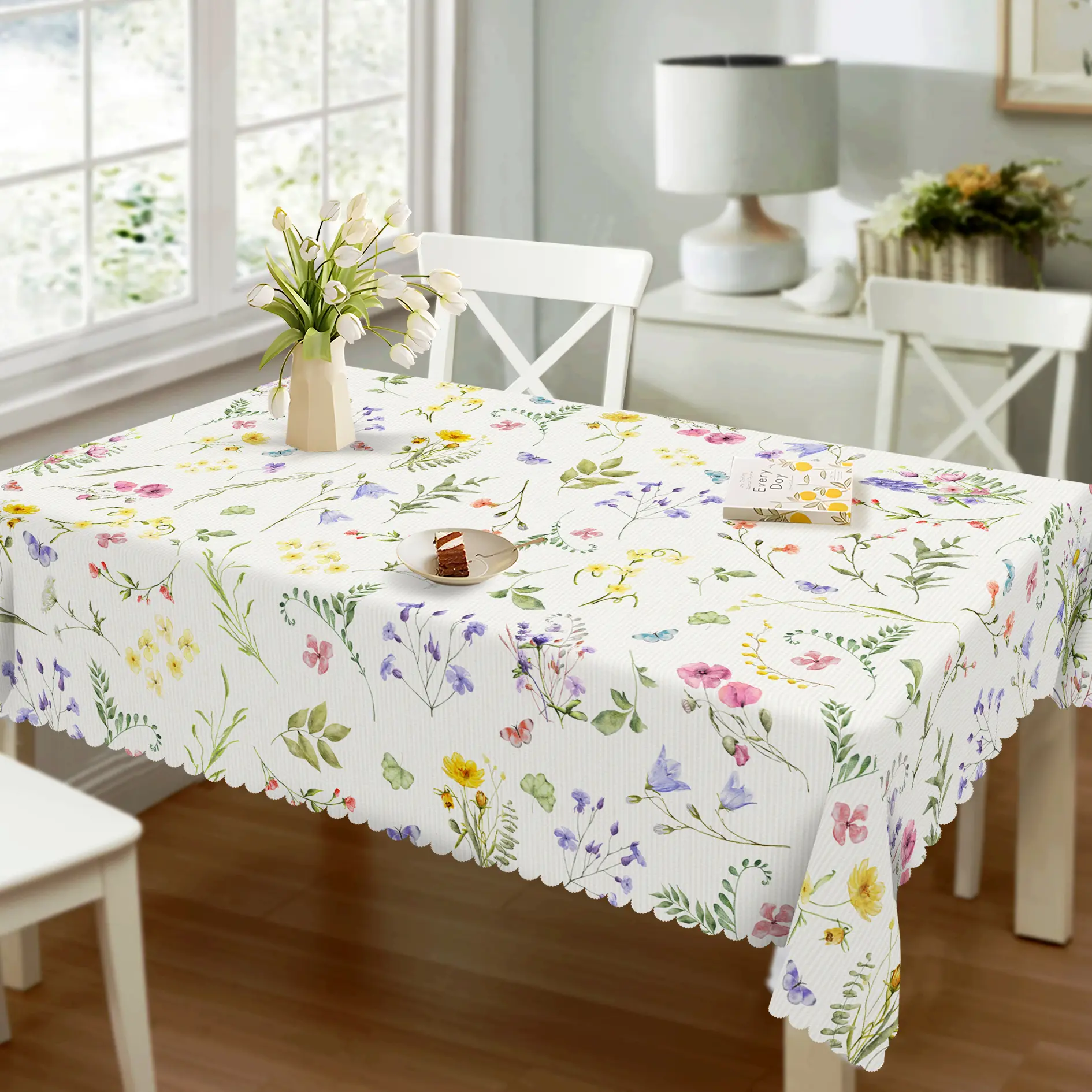 Synthetic Lace Polyester Floral Print Tablecloth - Spring Summer Watercolor Wildflower Butterfly Fashion Design, Vintage French Country Style, Round/Rectangle/Oval Shapes, Ideal for Romantic Weddings, Home Festive Decor