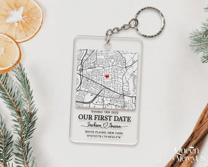 Our First Date Gift, Personalized Acrylic Map Keychain, Valentines Day Gifts For Him, Custom Couple Map Gift, Valentine Gifts For Boyfriend