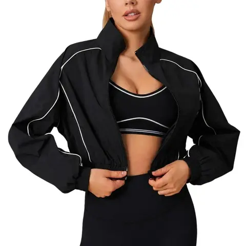 Logo-Free Athletic Windbreaker Cropped Jacket Women - Lightweight Track Zip Up Sporty Jackets Gym Workout Tops,sohochic