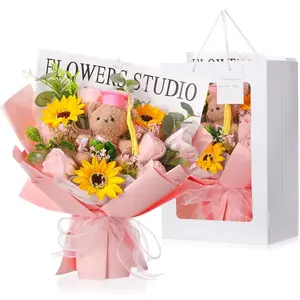 【Summervibes】Graduation Gift for Her, Pink Soap Flower Bouquet with Sunflowers, Teddy Bear and Gift Bag, Cute Keepsake for Graduates, Daughters or Best Friends