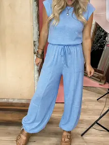 Women's Casual Solid Color Matching Top and Jogger Long Pants Set, High Waist Cap Sleeve, All Seasons Comfortable Wear