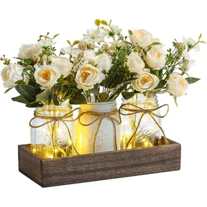 3 count Mason Jar Centerpiece Table Decorations for Dining Table Decor Farmhouse Coffee Table Decor with  Tray and Led Light Table Centerpieces for Dining room Kitchen Living Bathroom,White