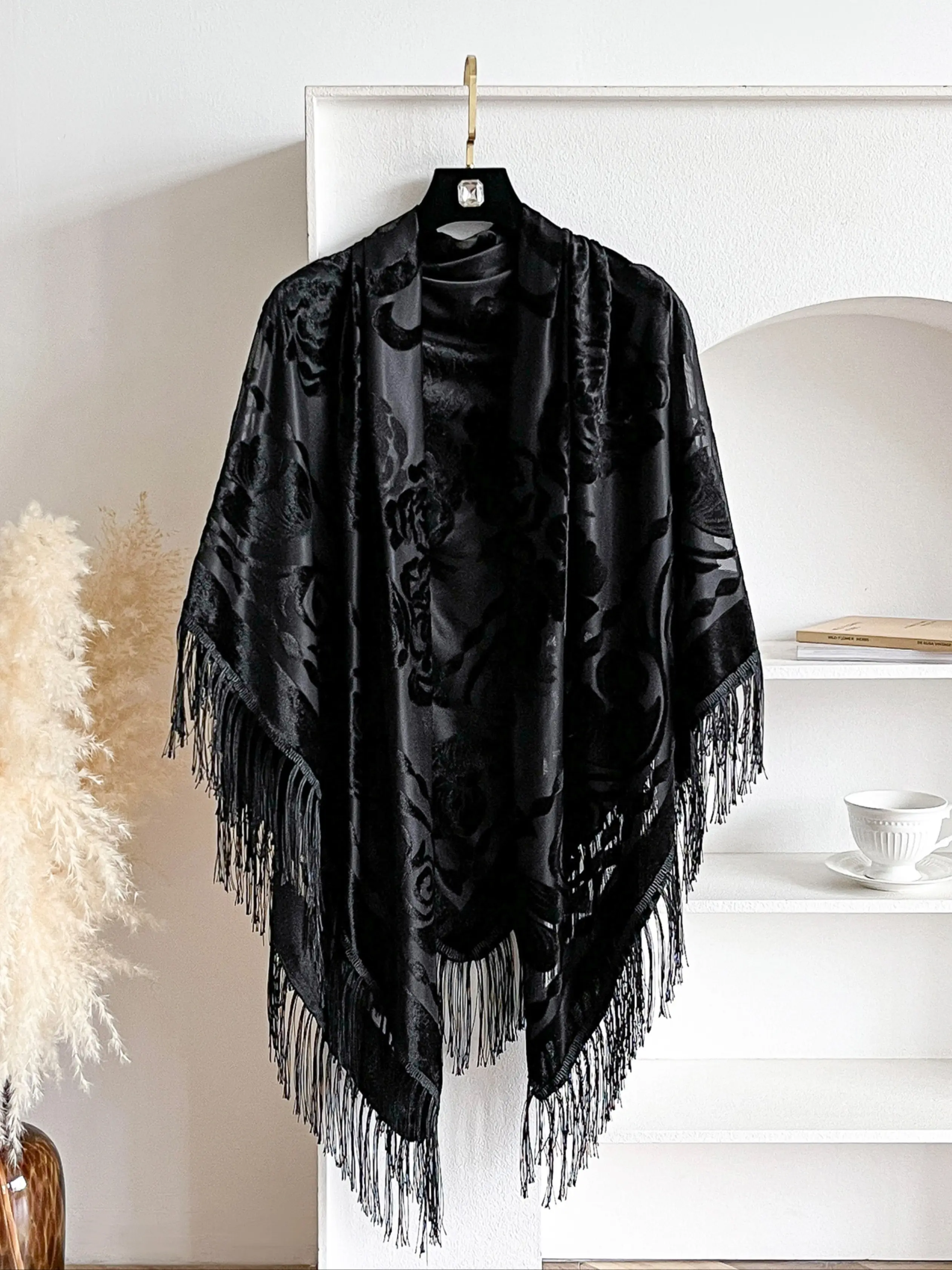 Women's Floral Print Fringe Trim Cape Shawl, Floral Pattern Shawl, Casual Elegant Open Front Shawl for Daily Wear, Fashion Accessories for Women & Girls, Clothes, Floral Print Scarf