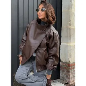 Fashion Oversized Asymmetrical Zip Motorcycle Jacket, Coats, Asymmetric Button Jacket, Women's Black Faux Leather Long-Sleeve Casual Street Style Outerwear, New 2026 Spring and Autumn Jacket, Womenswear