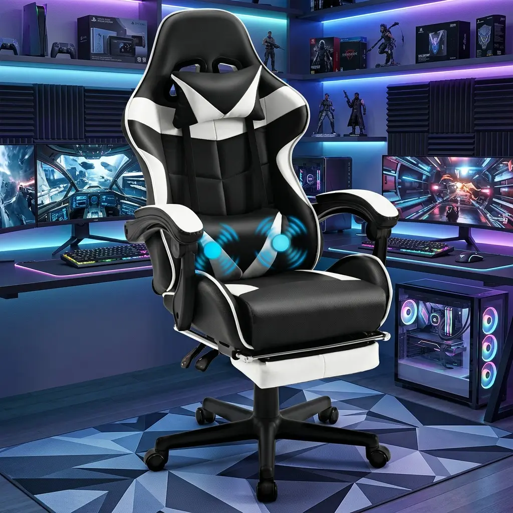 Ergonomic Racing Gaming Chair with Footrest, Massage Lumbar Support & Headrest, Height Adjustable Reclining Computer Chair, 360° Swivel PU Leather Chair for Game Room Home Office