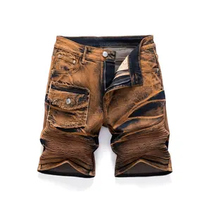 Men’s summer straight-leg brown denim shorts with pockets, structured design, European/American fashion trend