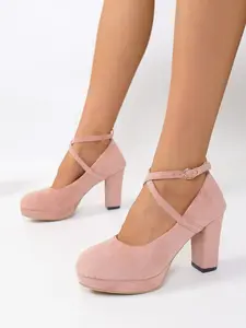 Women's Mary Jane Heeled Shoes, Elegant Waterproof Platform Cross Strap Sandals, Versatile Velvet Low Ankle Wedding Shoes