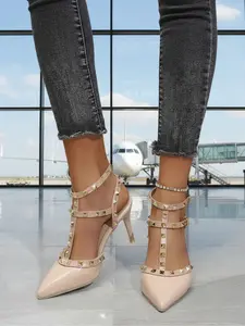 Women's High Heel Shoes with Studs, Sexy Fashion Pointed Toe, Metal Buckle Strap, Mid-Heel, New Style, Elegant Party Footwear