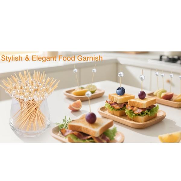 200 PCS White Pearl Cocktail Picks 4.7 Inch Bamboo Toothpicks for Appetizers, Drinks & Elegant Party Food Presentation