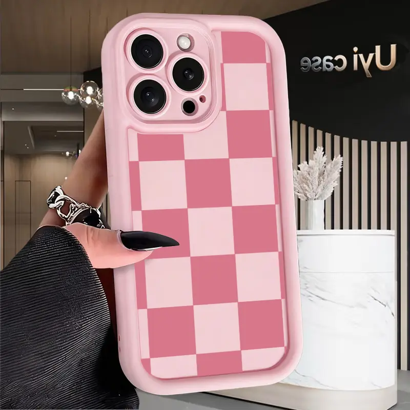 Uyi Case Pink Checkerboard Phone Case for iPhone 17 16 15 14 13 12 11 Pro Max Plus X XS Full Body Protection Shockproof Soft Silicone Cover with Precision Fit and Drop Protection Cellphone Durable Smartphone Protective