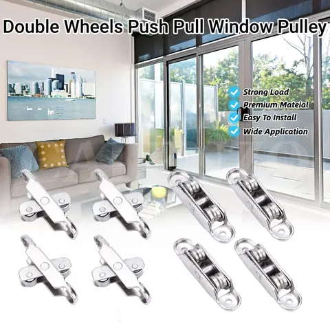 Stainless Steel Double-Wheel Push-Pull Pulley with Screws & Slot, Replacement Rollers for Windows, Cabinets, Office/Hotel Mini Sliding Doors, Hole Spacing 56.5mm, Double Wheel Roller Pulley, Cylindrical Roller Body
