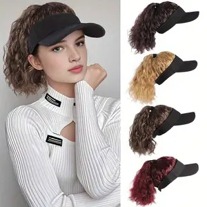 Synthetic 12inch Women's hat Water ripple wig hat with ponytail wig Hat with wig Lady's adjustable black baseball cap wig