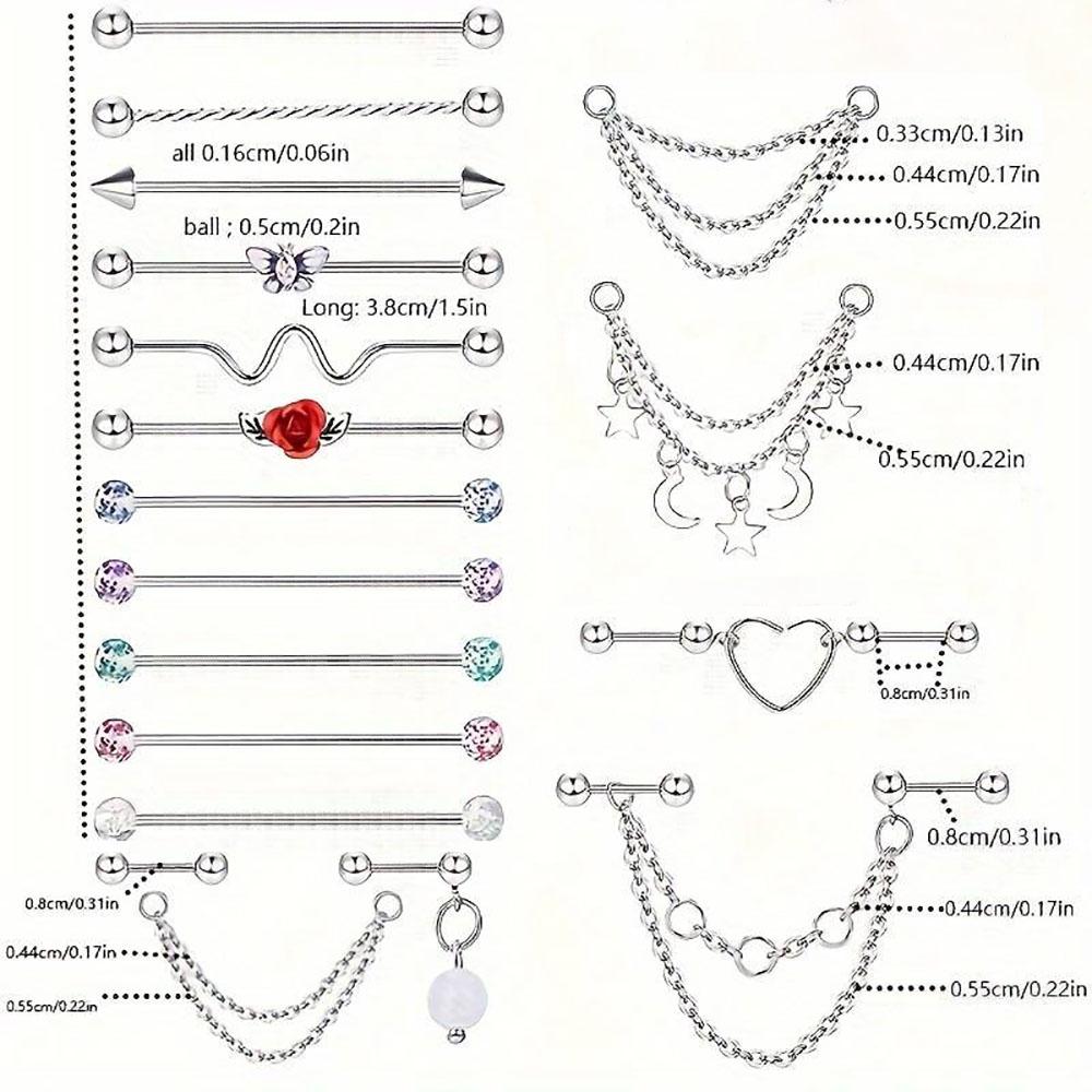 19pcs Industrial Barbell Piercing Jewelry, Stainless Steel Industrial Earrings for Men, Chain Dangle Cartilage Helix Piercing Jewelry