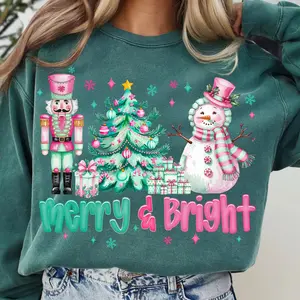Preppy Floral Christmas Tree Bow Sweatshirt, Merry & Bright Coquette Pink Blue Holiday Crewneck