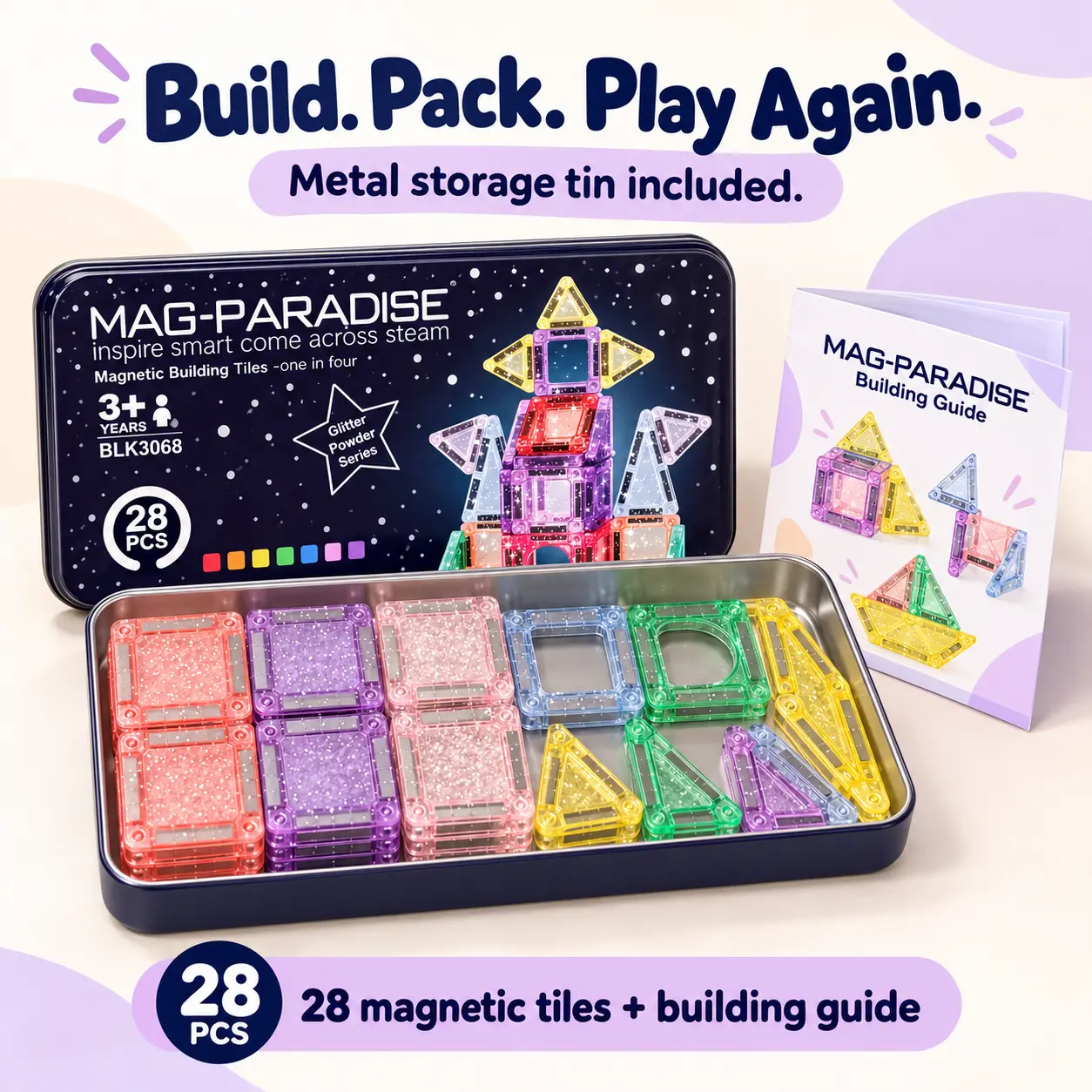 28-Piece Mini Glitter Magnetic Tiles Building Set with Storage Tin, Colorful 3D Construction Toy for Kids Ages 3+