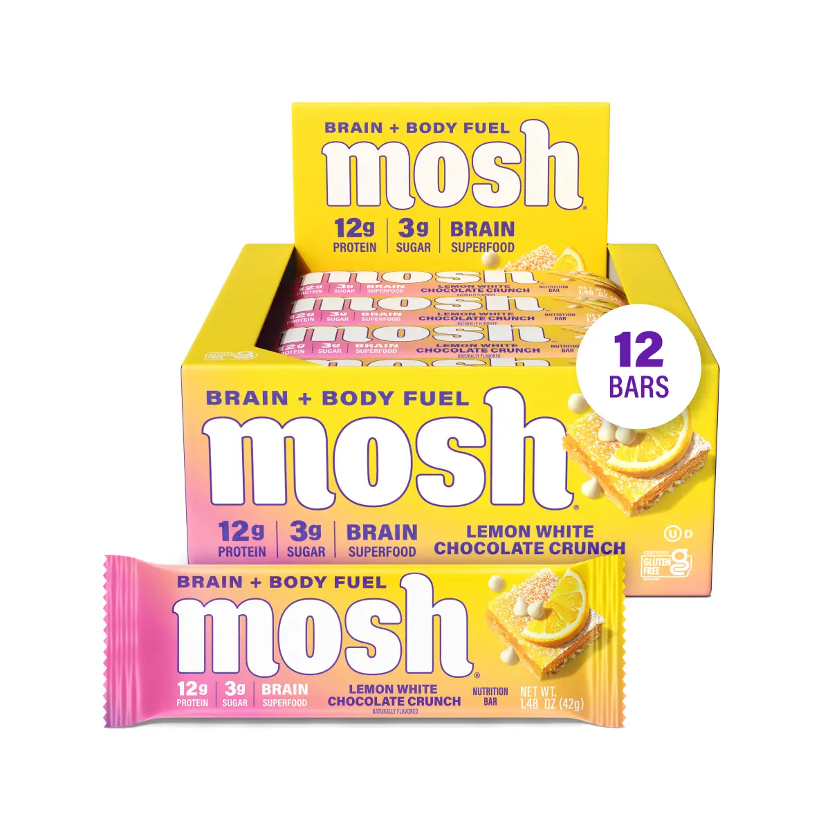 MOSH Protein Bars, Lemon White Chocolate Crunch, 12g Grass-Fed Whey Protein, Gluten-Free, Brain Health Support with Lion’s Mane & B12 - 12 Pack Snack