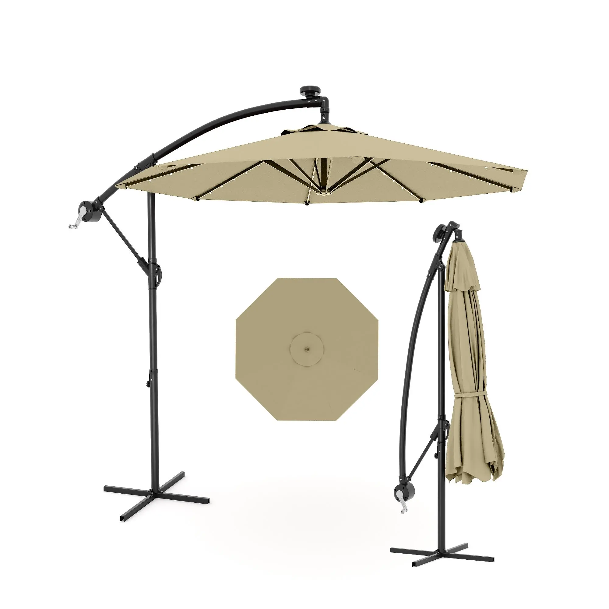Transform Your Patio Day & Night! 10FT Solar LED Cantilever Umbrella with 24 Lights & Cross Base. Enjoy Poolside Lounging, Deck Parties & Backyard BBQ with this Adjustable Tilt, UV-Resistant Waterproof Outdoor Offset Sun Shade Canopy.