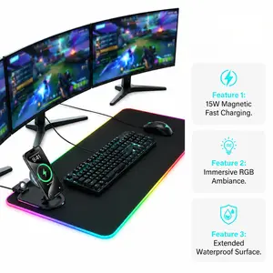 Magnetic Wireless Charging RGB Mouse Pad, 15W Fast Charger Extended Desk Mat, Waterproof Gaming Desk Pad for Keyboard & Mouse, Smooth Surface for Office, Home & PC Setup