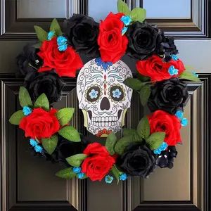Rose Skull Wreath, Gothic Dark Style Halloween Decoration, Door Wall Hanging Ornament, Festival Atmosphere Decor