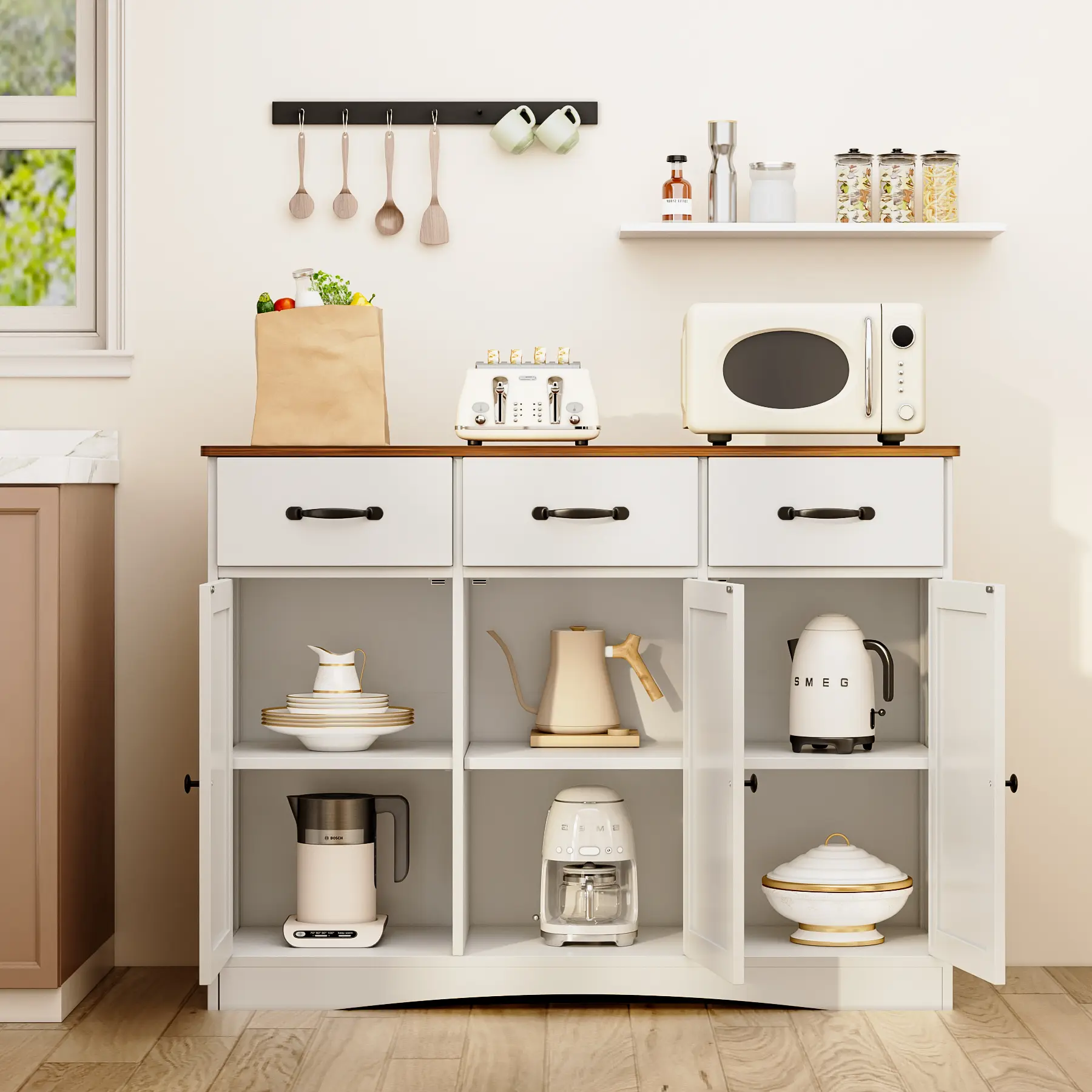 Gizoon Farmhouse Sideboard Buffet Cabinet 42.5'' Kitchen Storage Cabinets with 3 Drawers and Barn Doors Wood Coffee Bar Cabinet with Adjustable Shelf for Kitchen Dining Room Living Room