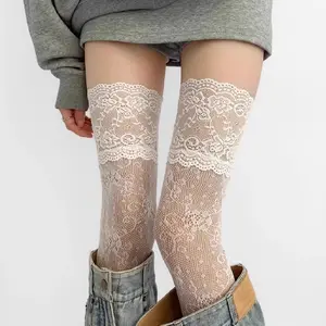 Spring/Summer Sweet JK Style White Over-the-Knee Socks - Lace Trim & Sheer Hollow-Out Design, Kawaii Japanese Schoolgirl Socks for Women, Thighhighs