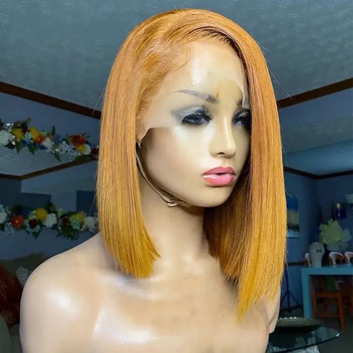 Top Grade Ombre Yellow Honey Brown Color Cut Short Bob Remy Cambodian Human Hair Lace Front Wigs