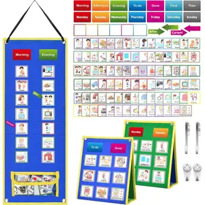 Kids Visual Schedule Calendar Chart, Double Side Autism Daily Chore Routine Chart with 113 Cards Autism Learning Materials Kids Visual Behavioral Tool Wall Planner for Home School