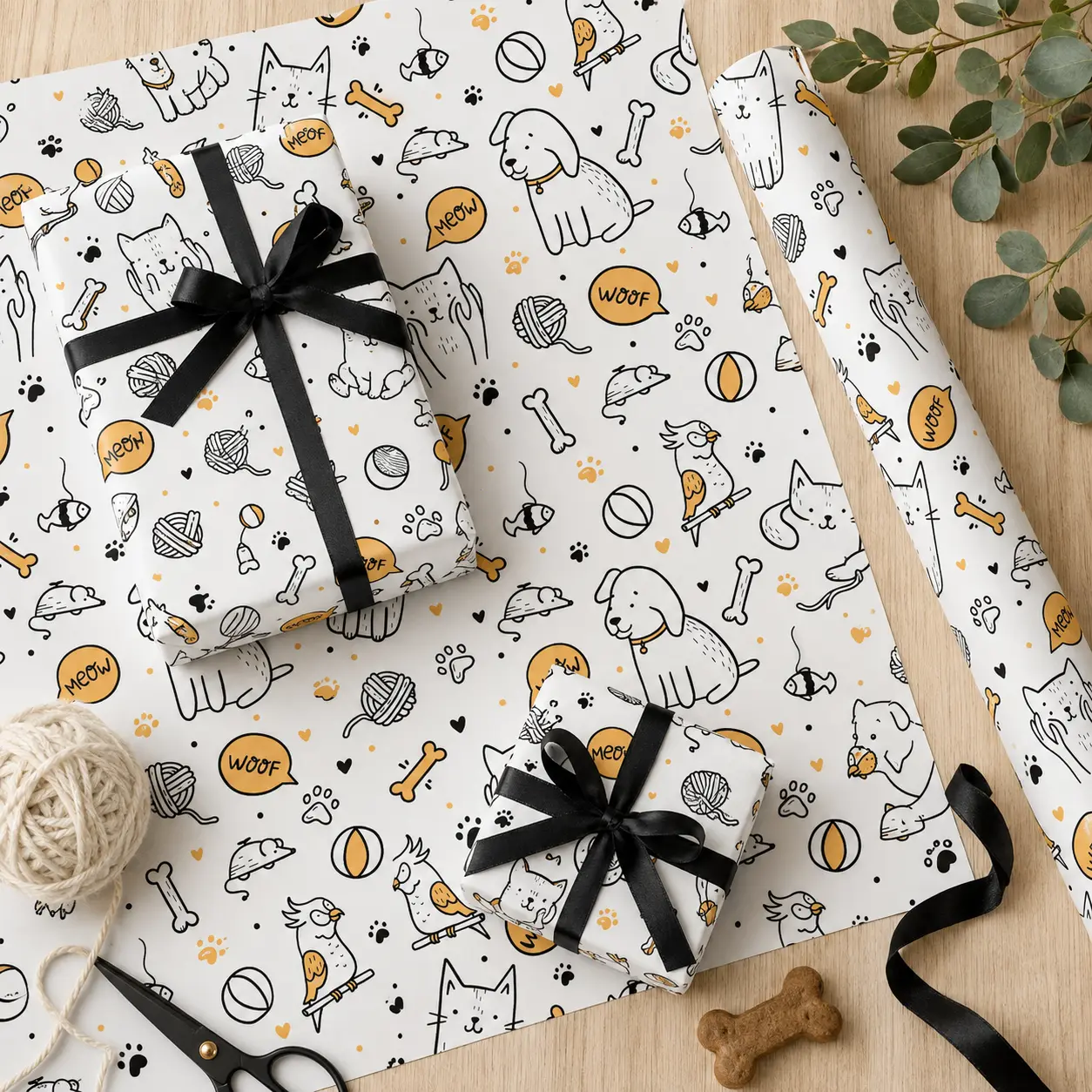 Cute Pet Lover Dog Cat Parrot Pattern Gift Wrapping Paper Sheet - Kawaii Woof Meow Doodle Wrap for Pet Owner Dog Mom Kids Birthday Adoption Day