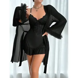 RRJ 2pcs Set Fish Bone Cinched Waist Lace Camisole Nightgown Babydoll And Ruffled Wide Sleeve Mesh Robe Bridallingerie lingerie set