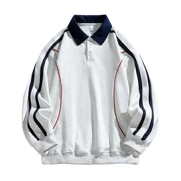 Men's Striped Longsleeve Polyester Polo Sweatshirt - Grey Color Block Pullover, Retro Casual Medium Fit Top with Contrast Stripes for Gray Sweats Style Appeal