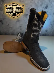 Botas Punta Cuadrada para Hombre Piel Genuina con Diseno de Pescado / Men's Square Toe Boots Genuine Leather Fish Design