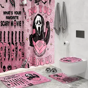 KAIRA 4 Pcs Pink Horror Shower Curtain Set with Rugs, Funny Spooky Bathroom Decor, Waterproof Halloween Bathroom Set with Mats and Accessories, Gothic Bathroom Decor