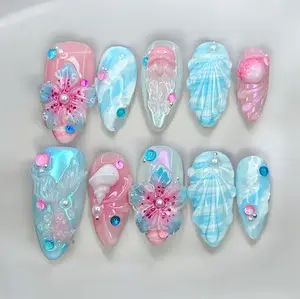 Mermaid Beach Nails - 3D Ocean Nail Art, Seashell & Jellyfish Press On Nails, Iridescent Blue Pink Nails, Summer Coastal Nail Set, acrylic  press  nails