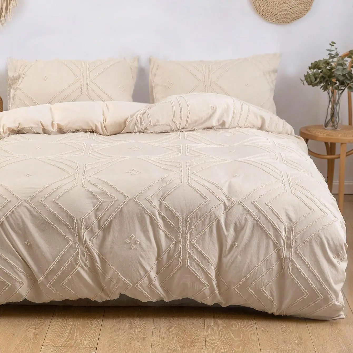 Solid Color Geometric Pattern Duvet Cover & Pillowcase without Filler, 3 Counts Duvet Cover Set for Bed Comforter, Comfy Bedding Sets for Home Bedroom