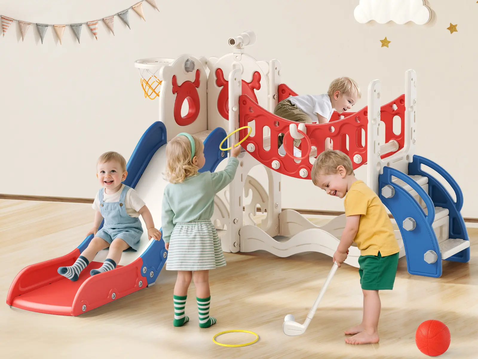 Unisex Kids Multi-Playset Toddler Toys - Indoor/Outdoor Activity Playground with Slide, Swing, Basketball Hoop, Golf, Ring Toss Hoop