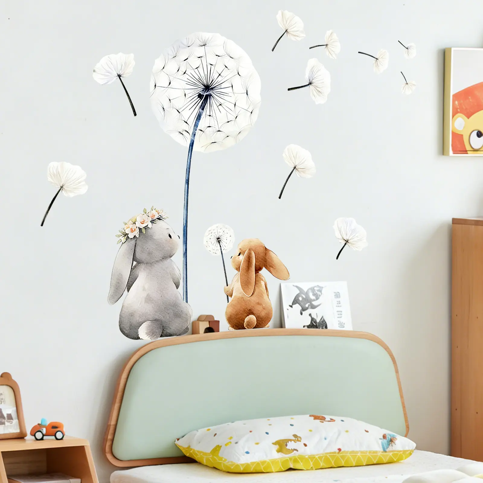 2D Flat Cute Bunny & Dandelion Wall Stickers 30×60cm Self-Adhesive Wall Decor for Bedroom Living Room