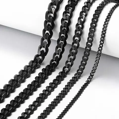 Hermah 3/5/7/9/11mm Mens Boys Black Tone Curb Cuban Necklace Stainless Steel Chain 18-30inch